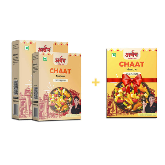  A vibrant display of chaat masala, promoting a buy 2, get 1 free offer on chaat masala products.