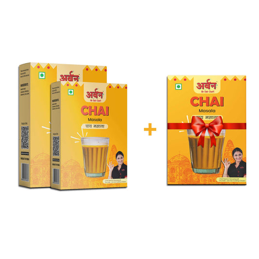 Display of a chai tea box and a gift box, highlighting a special offer: buy 2 chai masala products, get 1 free.