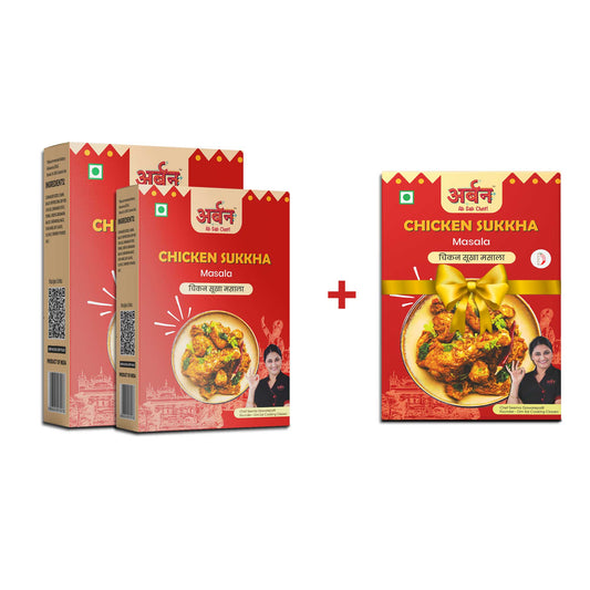 Chicken sukkha masala product packaging featuring a promotional offer: buy 2, get 1 free on chicken sukkha masala.