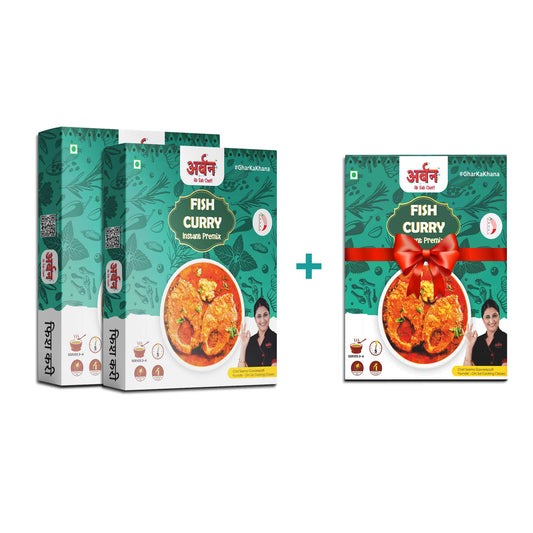 Packaging for fish curry premix offering a promotion: buy 2, get 1 free. Attractive design highlighting the offer.