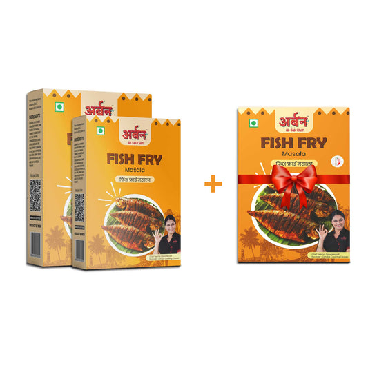 image of fish fry seasoning packaging promoting a buy 2, get 1 free offer on fish fry masala products.