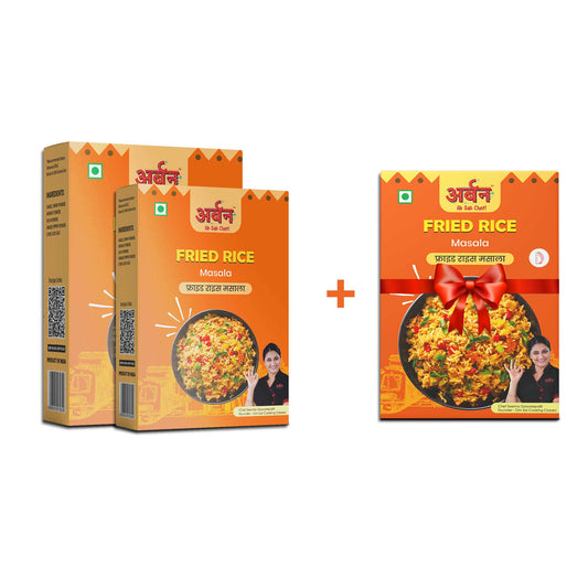 A box of fried rice and a packaged food product, highlighting a special offer: buy 2, get 1 free on fried rice masala.