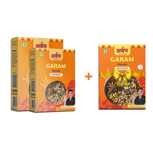 Garam powder and its packaging, promoting a buy 2, get 1 free offer on garam masala products.