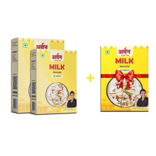 Milk powder in a box with promotional offer: buy 2, get 1 free for milk masala product packaging.