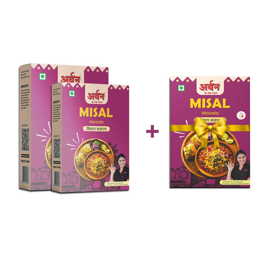 Misal masala pack featuring promotional offer: buy 2, get 1 free. Attractive packaging displayed prominently.