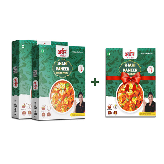 Two boxes of Indian cuisine, showcasing Shahi paneer premix, tied with a bow, highlighting a buy 2, get 1 free deal.