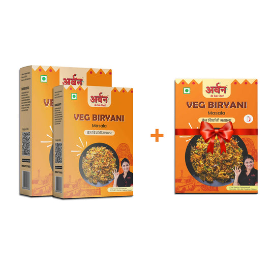 Veg Biryani product packaging with a promotional offer: buy 2, get 1 free, emphasizing the dish's rich and colorful appearance.